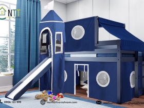 Cách thiết kế phòng ngủ ấn tượng với giường tầng cầu trượt màu xanh